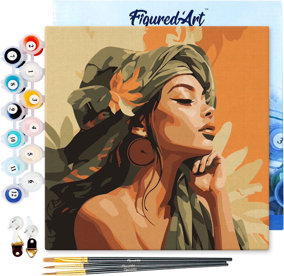 FiguredArt Mini Schilderen op Nummer Volwassenen 20x20cm met lijst Vrouw in Afrikaanse Tulband - Klein Formaat Creatieve Hobby Kit DIY Art Nummer Compleet